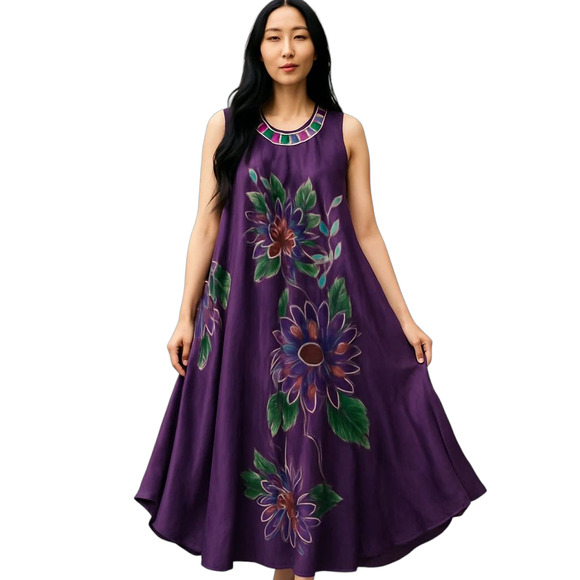 OMJA Midi Maxi Dress Women’s OS One Size Purple Floral Embroidered Rayon Boho - Picture 1 of 16